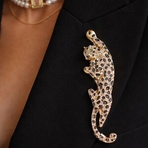 Oversized Leopard Panther Crystal Rhinestone Brooch Pin 4” Gold Tone Statement
